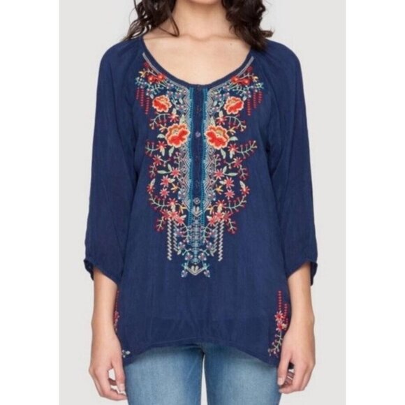 New Johnny Was Navy Floral Embroidered Cupra Rayon Boho Olivia Blouse Top - Picture 3 of 11